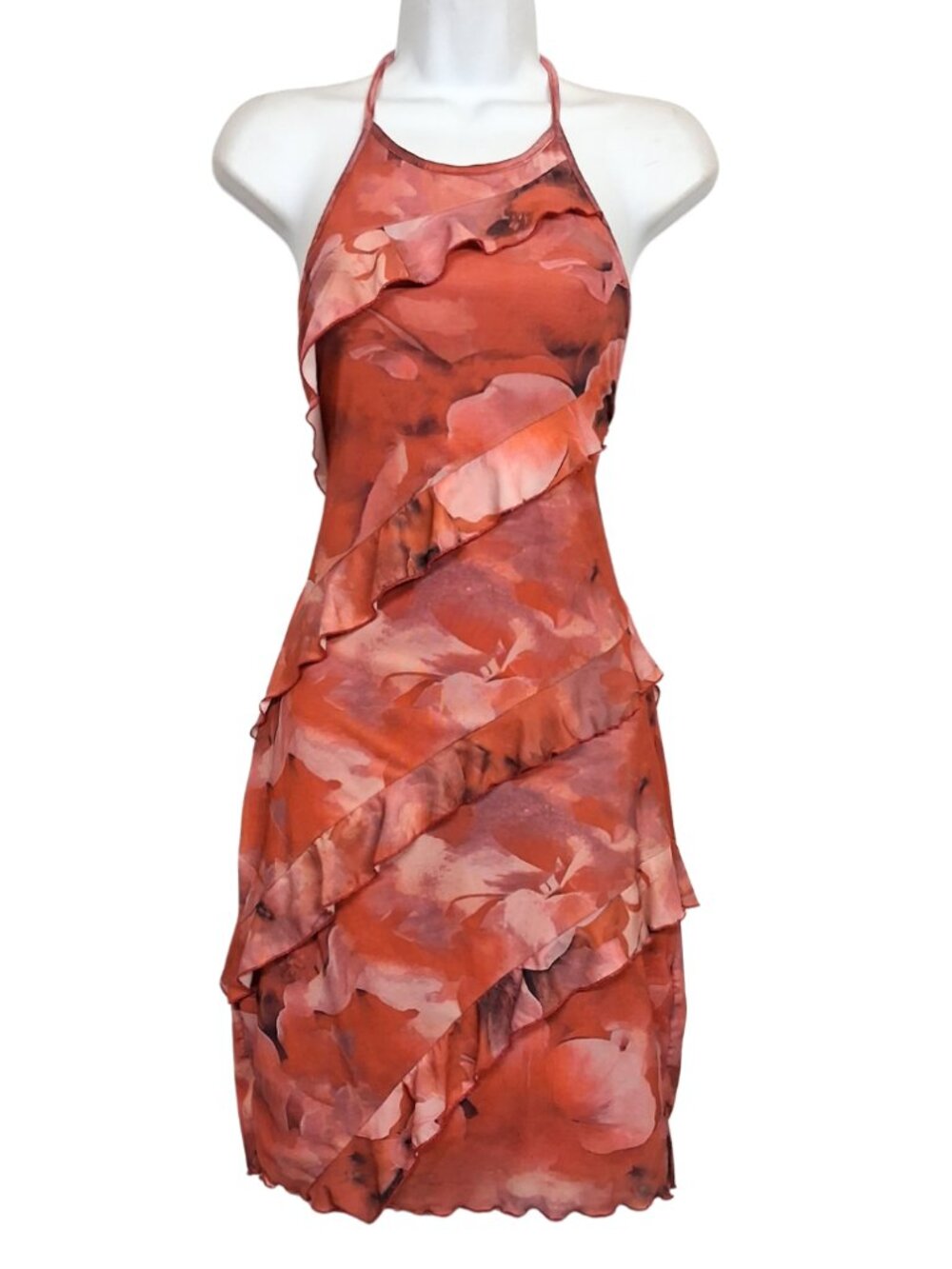 Red Floral Ruffle Halter Dress Open Back Stretchy Mini Summer XLarge